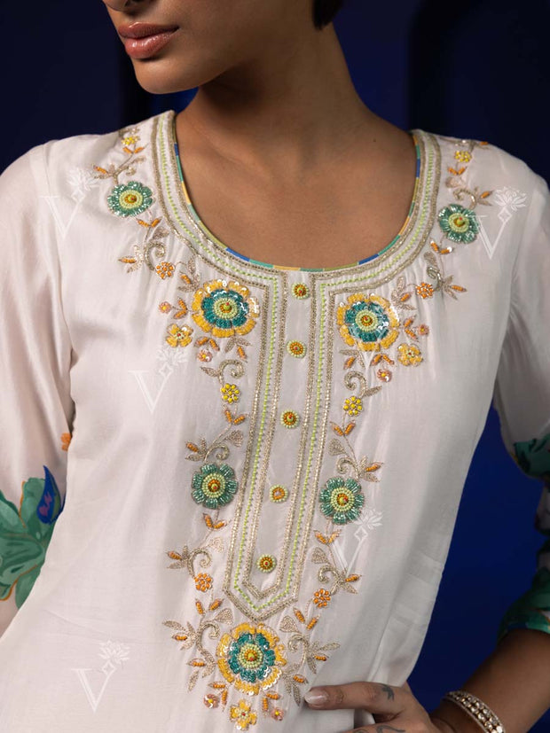 Green and Off-White Vasansi Silk Kurta and Sharara Suit Set