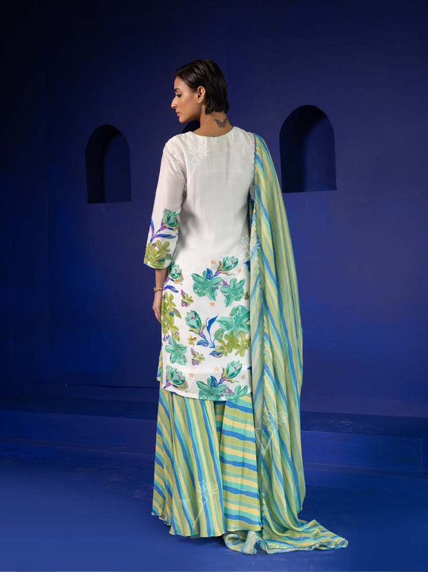 Green and Off-White Vasansi Silk Kurta and Sharara Suit Set