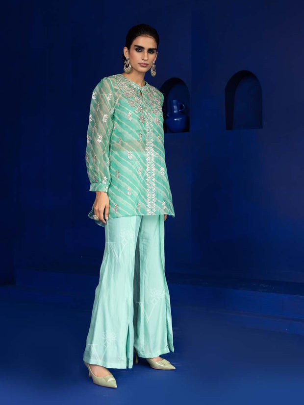 Aqua Green Organza Leheriya Top and Pant Set