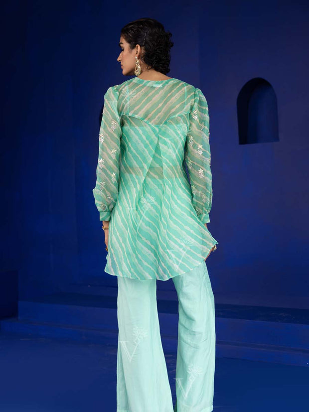 Aqua Green Organza Leheriya Top and Pant Set