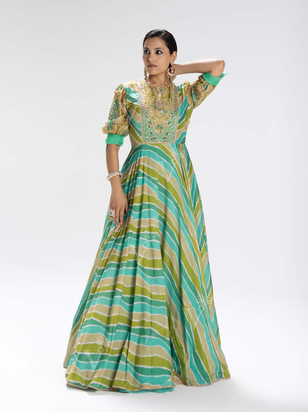 Green Vasansi Silk Leheriya Anarkali Gown