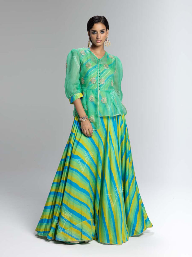 Sea Green Vasansi Silk Leheriya Anarkali Gown