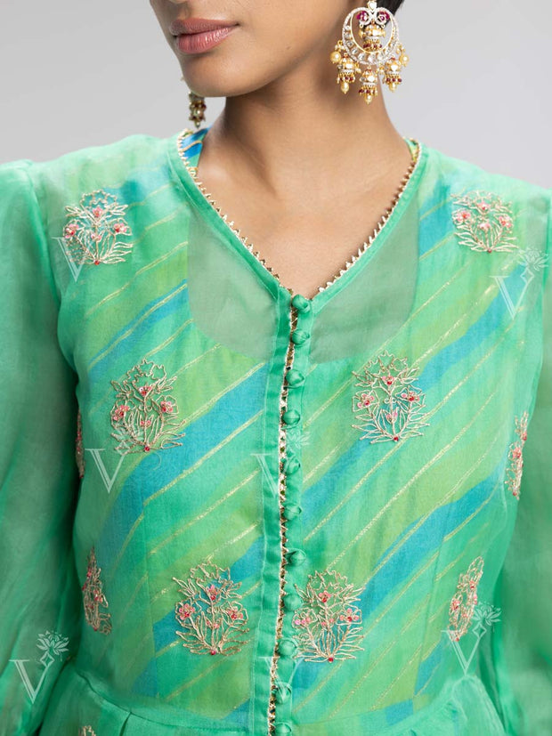 Sea Green Vasansi Silk Leheriya Anarkali Gown