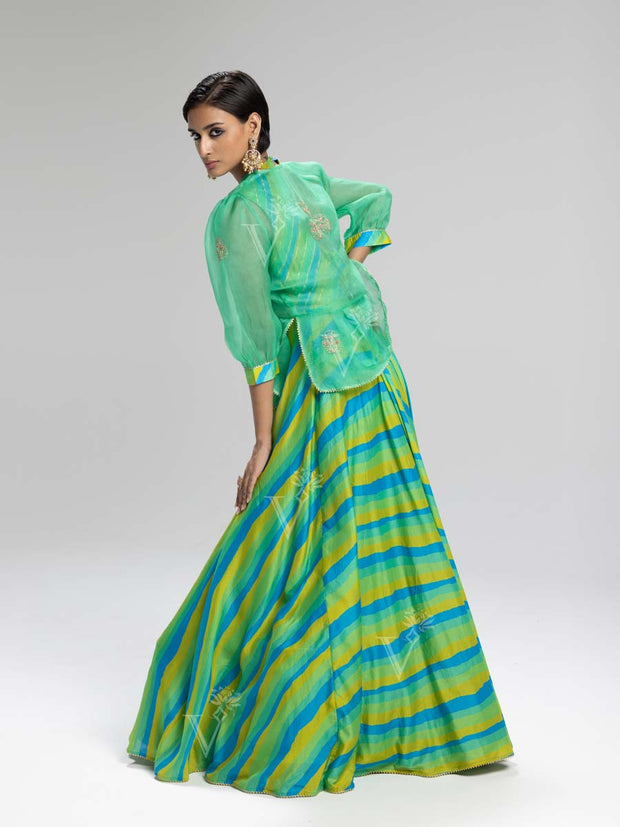 Sea Green Vasansi Silk Leheriya Anarkali Gown