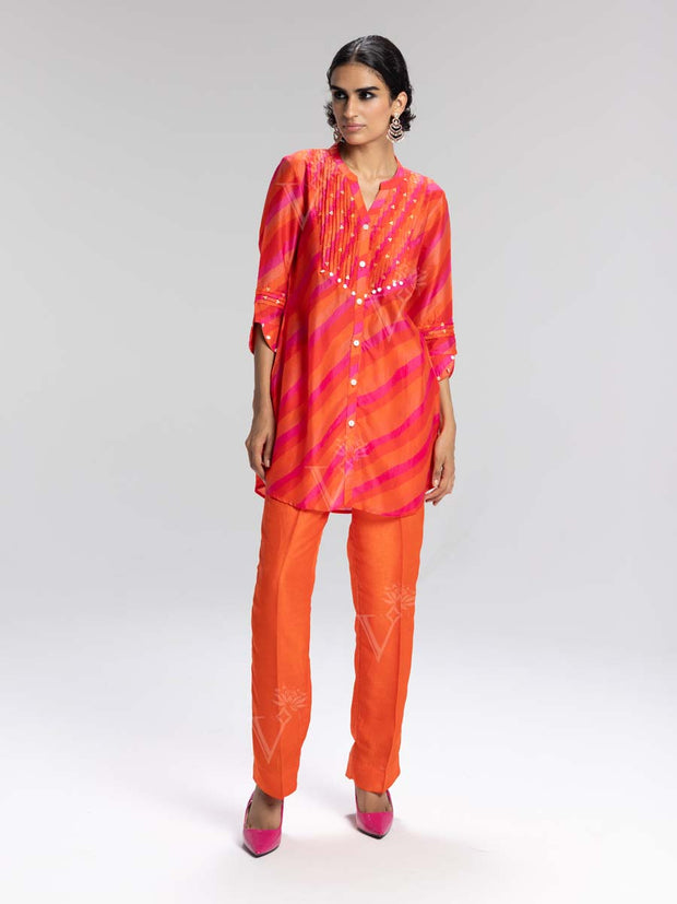 Orange and Pink Vasansi Silk Leheriya Co-ord Set