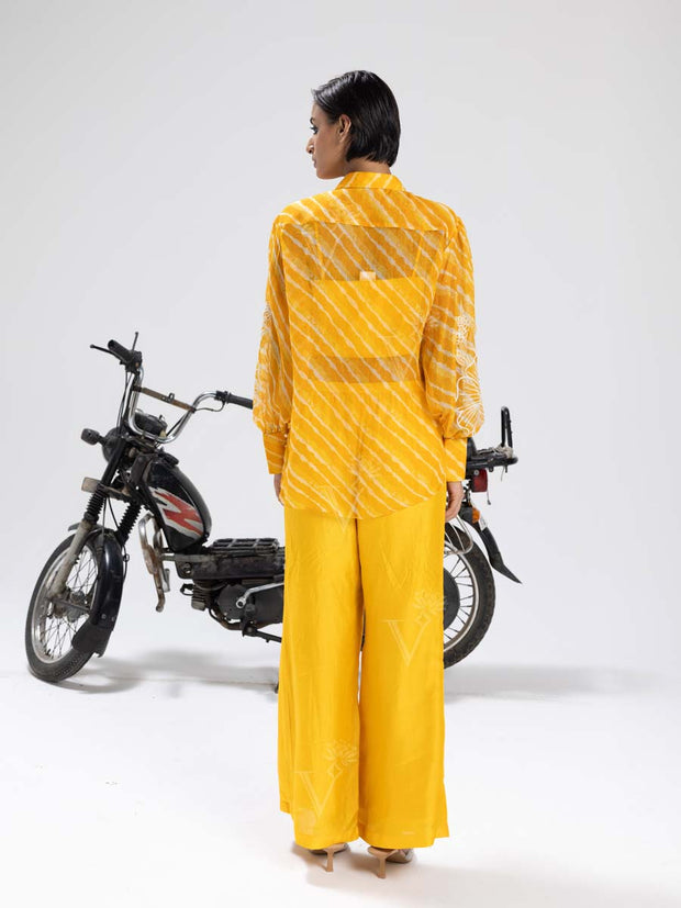 Yellow Leheriya Organza Shirt and Pant Set