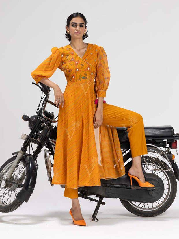 Yellow Leheriya Kurta and Pant Set