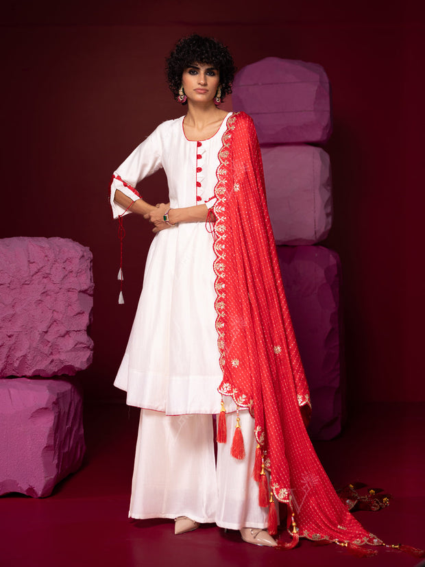 Off white dress with red dupatta best sale