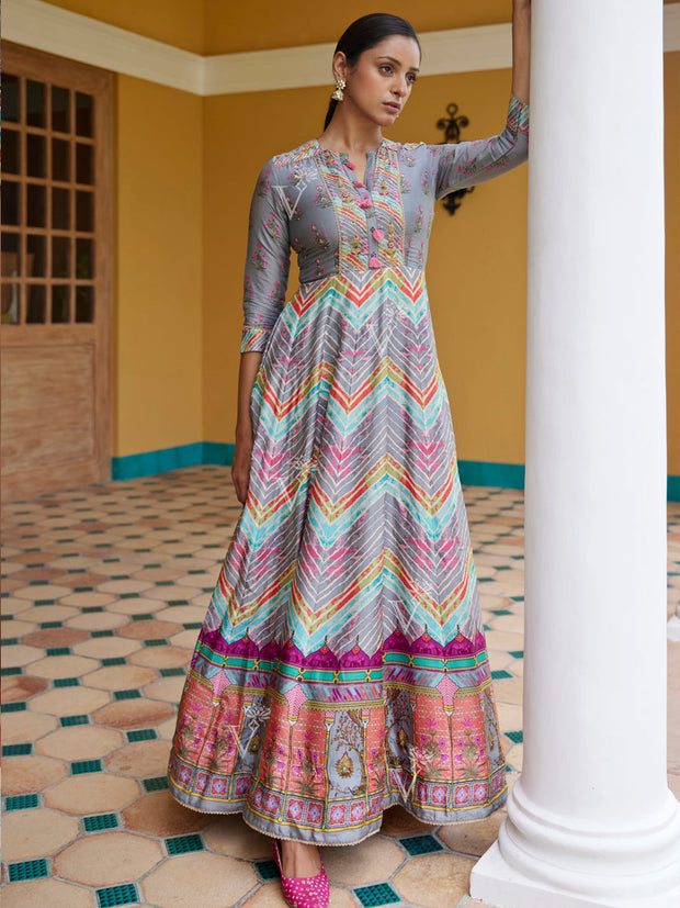 Grey Leheriya Vasansi Silk Anarkali Gown