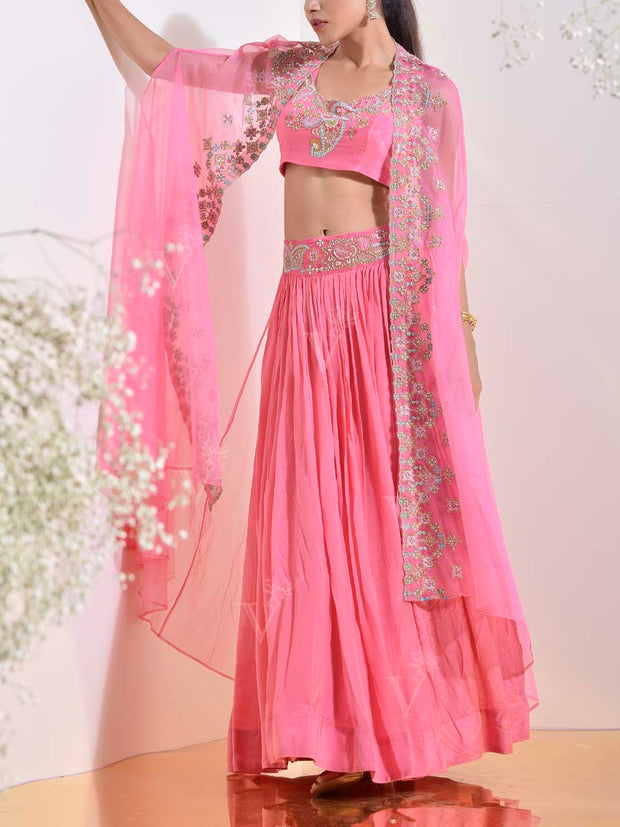 Pink Wrinkle Crepe Embroidered Cape and Skirt Set