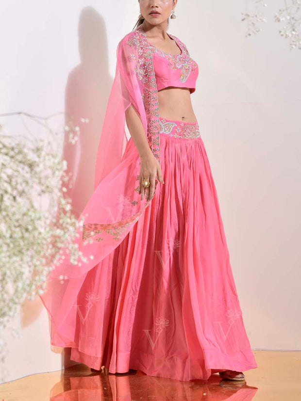 Pink Wrinkle Crepe Embroidered Cape and Skirt Set