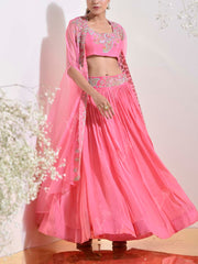 Pink Wrinkle Crepe Embroidered Cape and Skirt Set