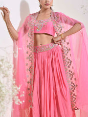 Pink Wrinkle Crepe Embroidered Cape and Skirt Set