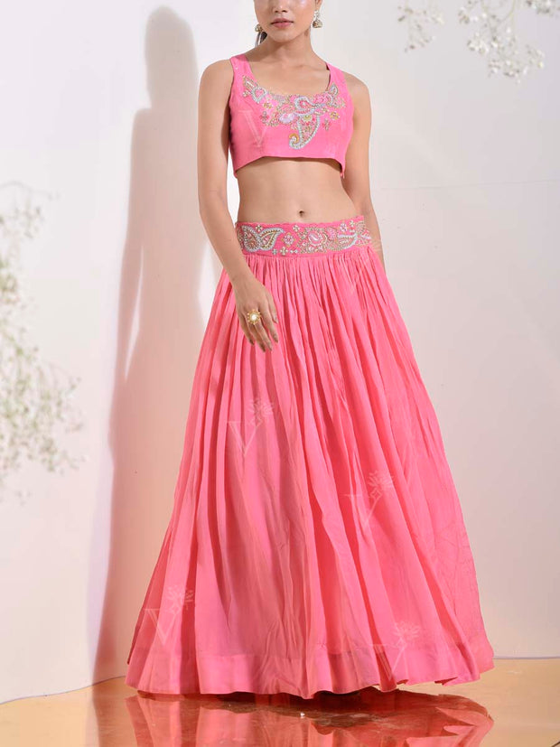 Pink Wrinkle Crepe Embroidered Cape and Skirt Set