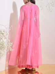 Pink Wrinkle Crepe Embroidered Cape and Skirt Set