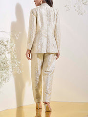 Off-White Banarasi Silk Eembroidered Jacket and Pant Set