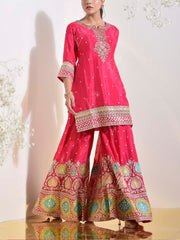 Hot Pink Crepe Embroidered Kurta and Garara Set