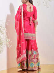 Hot Pink Crepe Embroidered Kurta and Garara Set