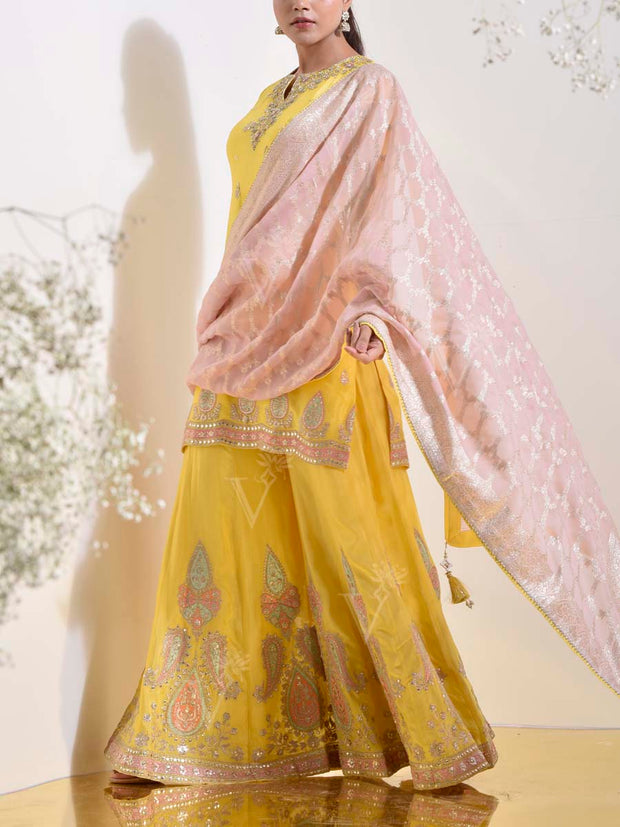 Yellow Crepe Silk Embroidered Kurta and Garara Set