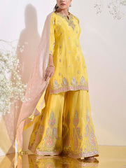 Yellow Crepe Silk Embroidered Kurta and Garara Set