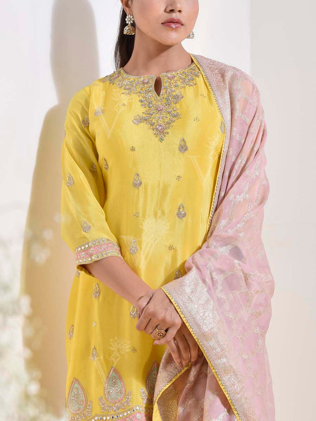 Yellow Crepe Silk Embroidered Kurta and Garara Set