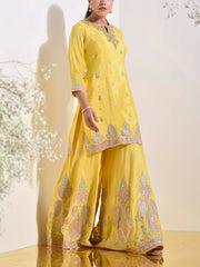 Yellow Crepe Silk Embroidered Kurta and Garara Set