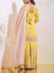 Yellow Crepe Silk Embroidered Kurta and Garara Set