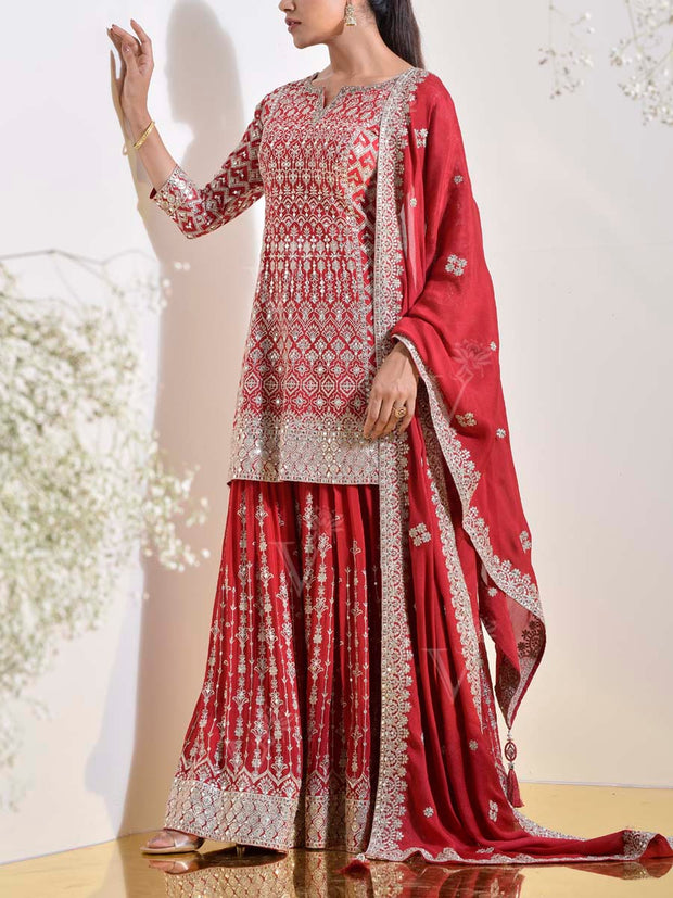 Red Wrinkle Crepe Embroidered Kurta and Garara Set