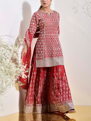 Red Wrinkle Crepe Embroidered Kurta and Garara Set