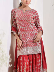 Red Wrinkle Crepe Embroidered Kurta and Garara Set