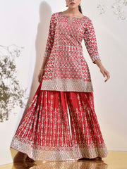 Red Wrinkle Crepe Embroidered Kurta and Garara Set