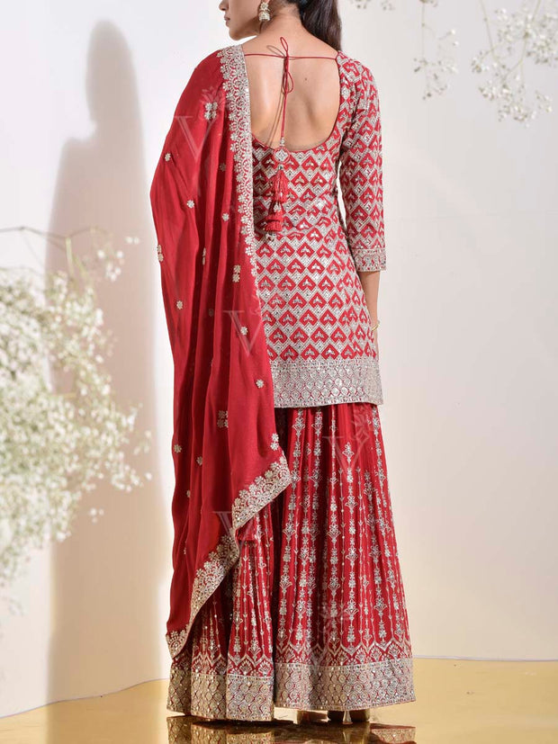 Red Wrinkle Crepe Embroidered Kurta and Garara Set