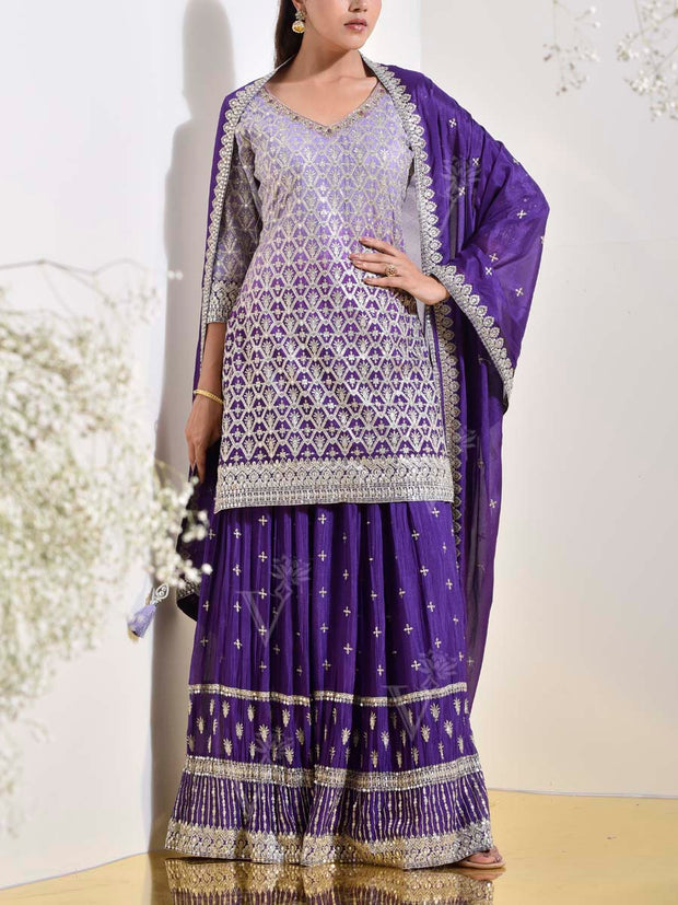 Violet Wrinkle Crepe Embroidered Kurta and Garara Set