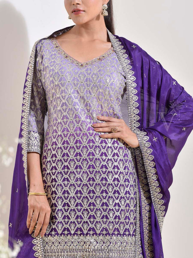 Violet Wrinkle Crepe Embroidered Kurta and Garara Set