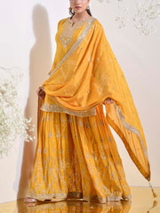 Yellow Embroidered Wrinkle Crepe Kurta and Garara Set