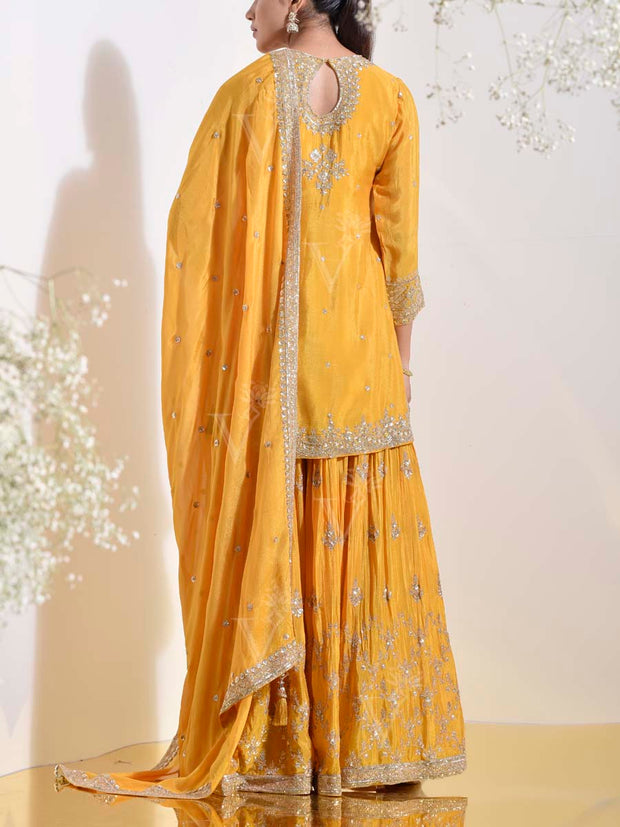 Yellow Embroidered Wrinkle Crepe Kurta and Garara Set