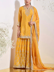 Yellow Embroidered Wrinkle Crepe Kurta and Garara Set