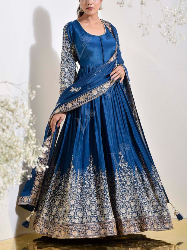 Blue Embroidered Silk Gown