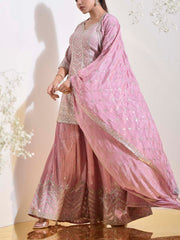 Blush Pink Wrinkle Crepe Embroidered Kurta and Garara Set