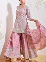 Blush Pink Wrinkle Crepe Embroidered Kurta and Garara Set