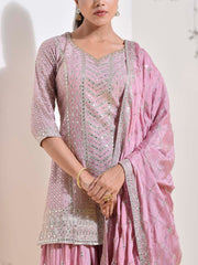 Blush Pink Wrinkle Crepe Embroidered Kurta and Garara Set