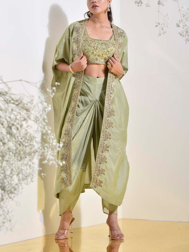 Green Embroidered Jacket and Dhoti Pants Set