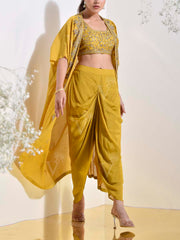 Yellow Chanderi Silk Embroidered Jacket and Dhoti Pants Set