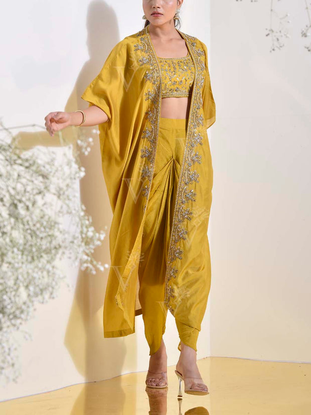 Yellow Chanderi Silk Embroidered Jacket and Dhoti Pants Set