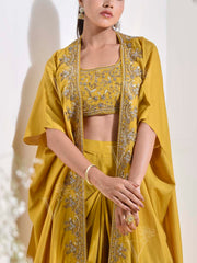 Yellow Chanderi Silk Embroidered Jacket and Dhoti Pants Set