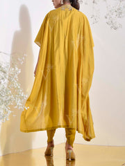 Yellow Chanderi Silk Embroidered Jacket and Dhoti Pants Set