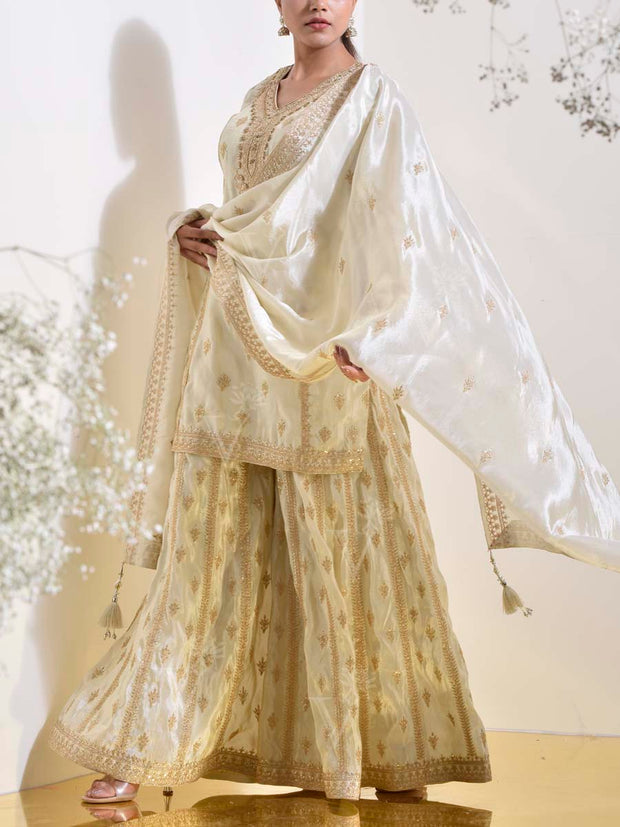 Pearl Tissue Silk Embroidered Kurta and Garara Set