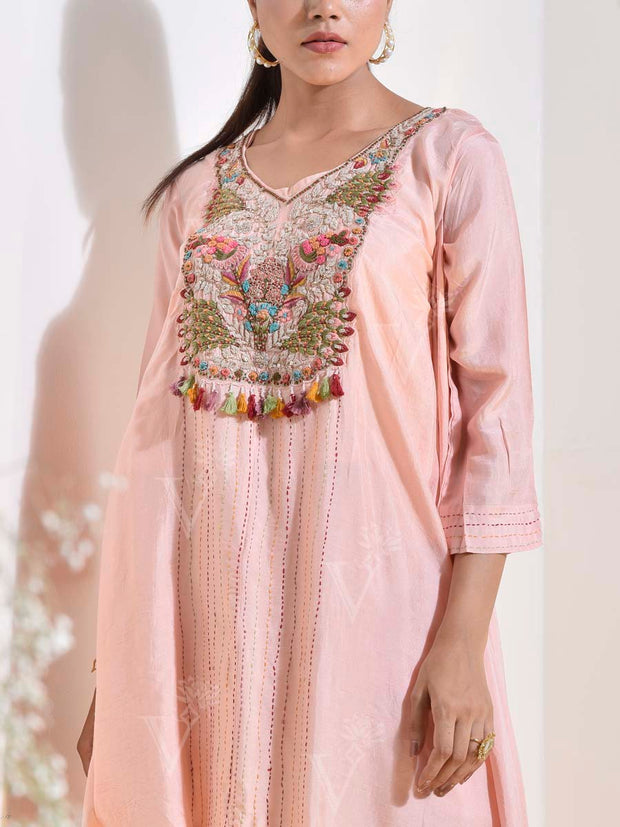 Powder Pink Embroidered Kurta and Pant Set