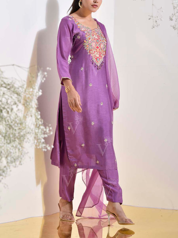 Purple Embroidered Suit Set