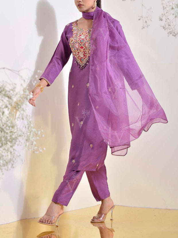 Purple Embroidered Suit Set